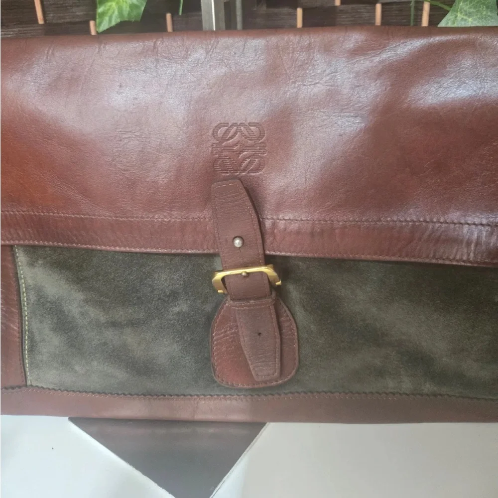 Loewe Brown and Green Leather Document Bag